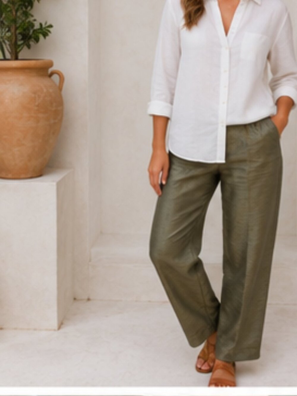 Valerie Stevens Petites Olive Linen Blend Straight Leg Pants 6P Quiet Luxury